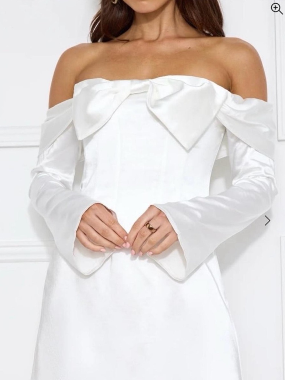 Hello Molly Off-Shoulder Satin Bow Mini Dress in White